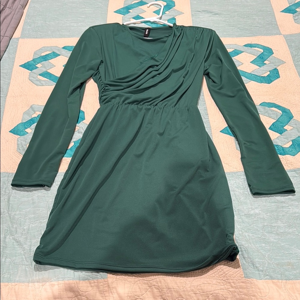 Green Ruched Wrap Dress with Asymmetrical Neckline